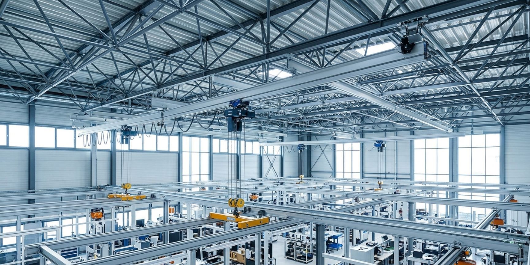 Suspension crane system (overhead crane) in a modern assembly hall, rail routing on ceiling construction, efficient use of space, intralogistics.